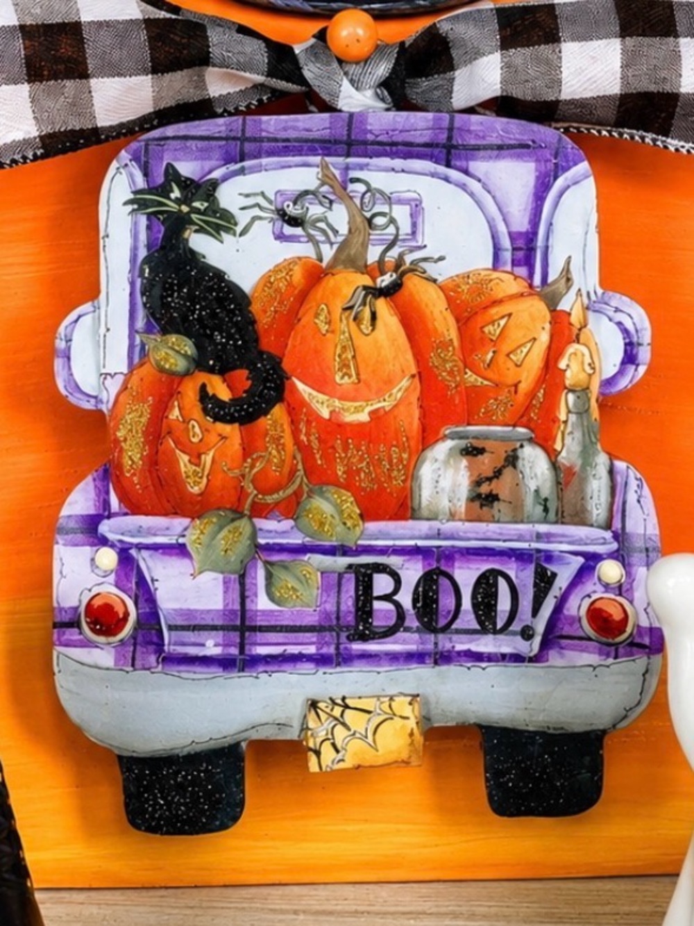 Halloween Boo Black Cat in Purple Truck Spider, Mini Charm with Galvanized Frame